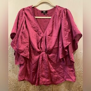 DKNY by Donna Karan Satin Fuchsia Pink V-Neck Short Flutter Sleeve Blouse - L